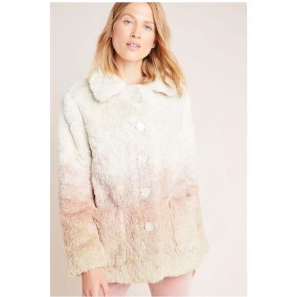 Anthropologie Jackets & Blazers - Anthropologie Ombre Faux Fur Coat Teddy Button Front Sz S Cream Pink Tan
